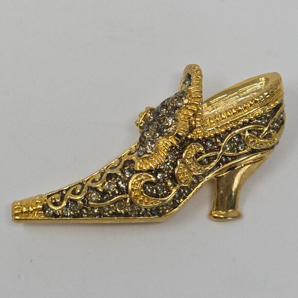 Vintage Gold Tone Rhinestone High Heel Shoe Brooch Baroque Victorian Slipper Pin - Picture 3 of 14